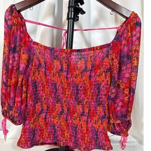 Free People Pink Floral Smocked Crop Top "Back On Top" Cute Colorful Top Medium